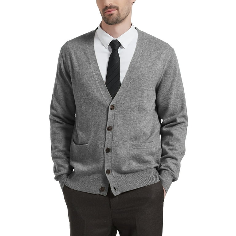 Kallspin Men s Cardigan Sweater Wool Blend V Neck Buttons Cardigan with Pockets Light Grey 3X Large
