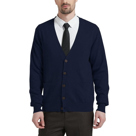 Kallspin Men’s Cardigan Sweater Wool Blend V Neck Buttons Cardigan with Pockets(Navy Blue,2X-Large)