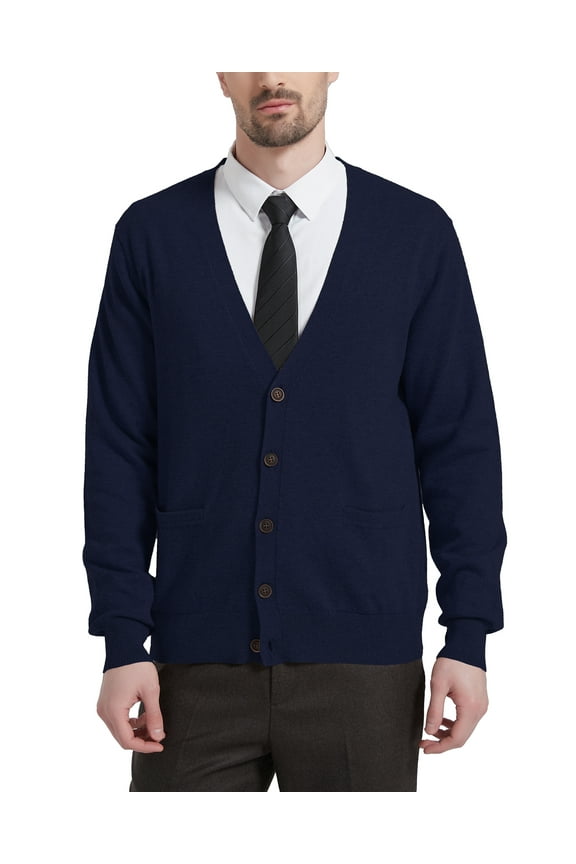 Men's Cardigan Sweater Wool Blend V Neck Buttons Cardigan with Pockets(Navy Blue, X-Large,Tall)