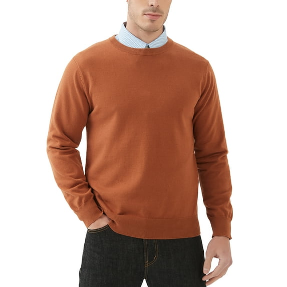 Kallspin Men's Cotton Crew Neck Sweater Regular Fit Long Sleeve Pullover Casual Cozy Stylish Sweater((Caramel,Medium)