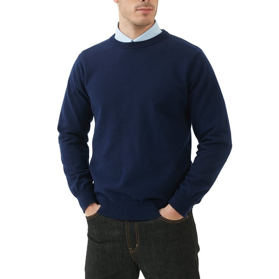Kallspin Men's Cotton Crew Neck Sweater Regular Fit Long Sleeve Pullover Casual Cozy Stylish Sweater((Navy Blue,3X-Large)