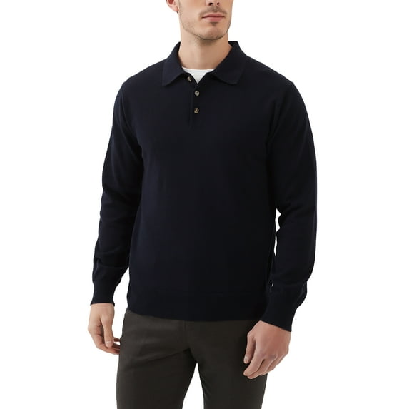 Kallspin Men's Cotton Knit Polo Sweater Business Casual Long Sleeve Pullover Sweater(Black,X-Large)
