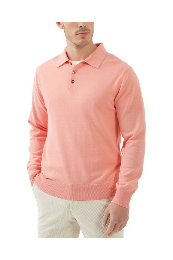 Men's Cotton Knit Polo Sweater Business Casual Long Sleeve Pullover Sweater(Pink,Medium)