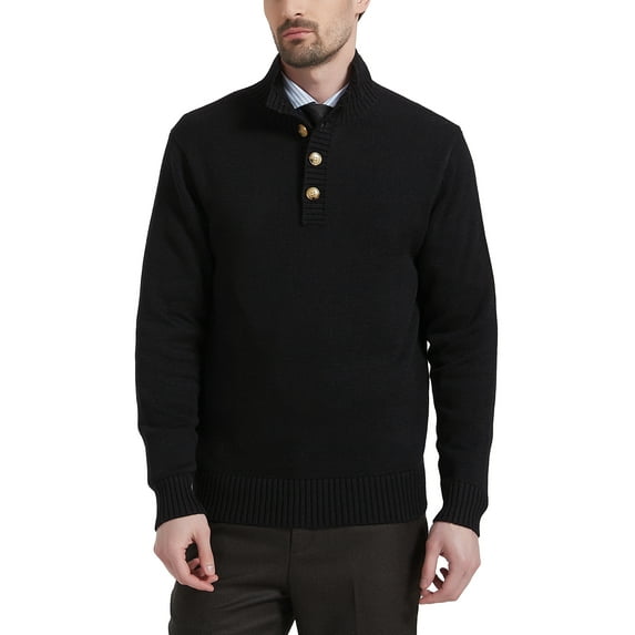 Kallspin Men's Mock Neck Sweater Wool Blend Midweight Quarter-Button Long Sleeve Knit Pullover(Black,Large)
