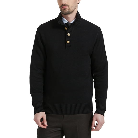 Kallspin Men's Mock Neck Sweater Wool Blend Midweight Quarter-Button Long Sleeve Knit Pullover(Black,Medium)