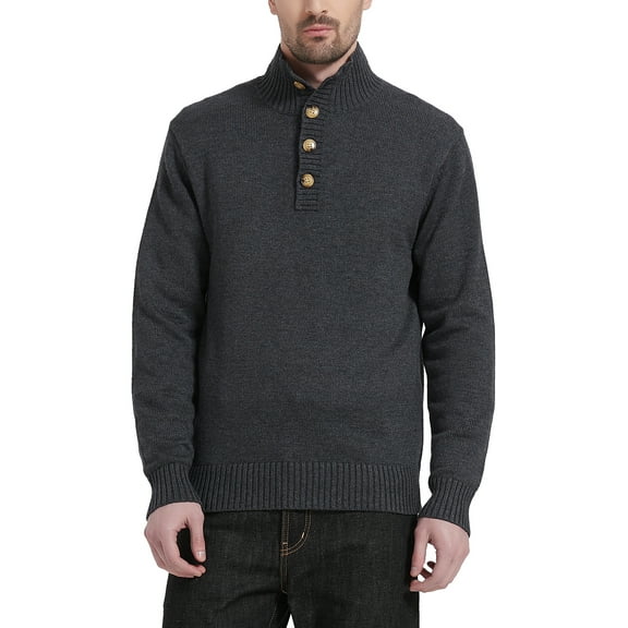 Kallspin Men's Mock Neck Sweater Wool Blend Midweight Quarter-Button Long Sleeve Knit Pullover(Charcoal,2X-Large)