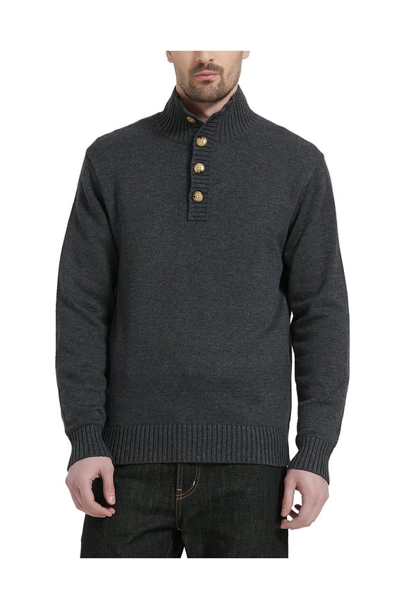 Men's Mock Neck Sweater Wool Blend Midweight Quarter-Button Long Sleeve Knit Pullover(Charcoal,2X-Large)