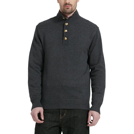 Kallspin Men's Mock Neck Sweater Wool Blend Midweight Quarter-Button Long Sleeve Knit Pullover(Charcoal,Medium)