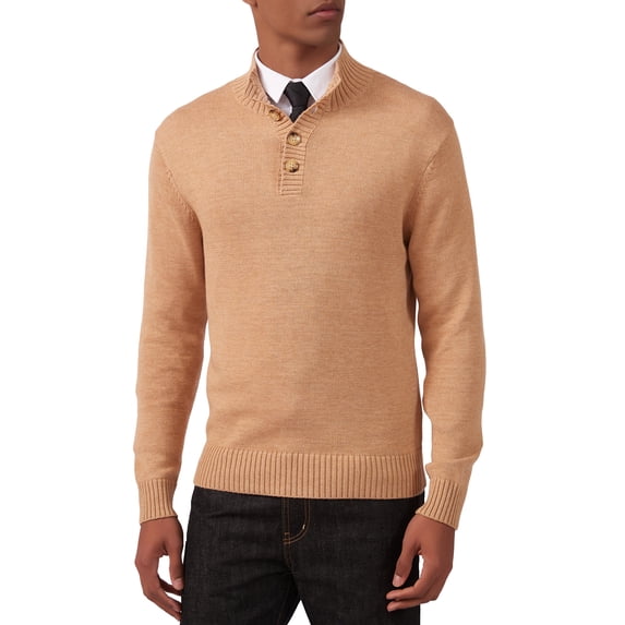 Kallspin Men's Mock Neck Sweater Wool Blend Midweight Quarter-Button Long Sleeve Knit Pullover(Coffee,Medium)