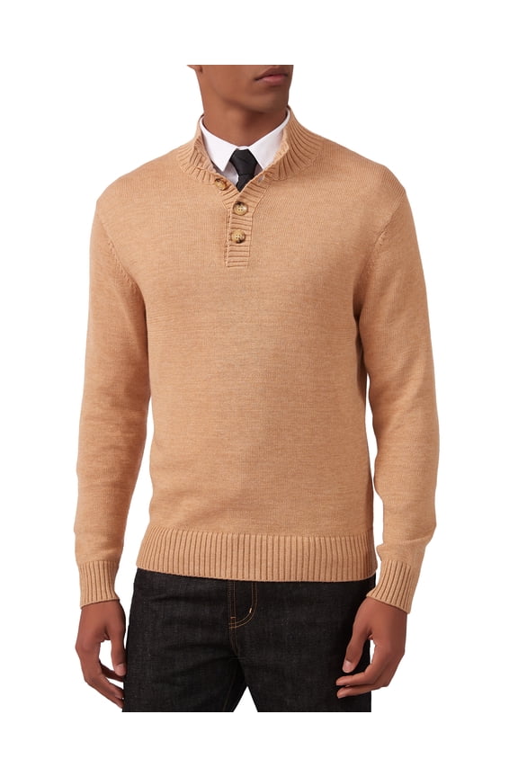 Men's Mock Neck Sweater Wool Blend Midweight Quarter-Button Long Sleeve Knit Pullover(Coffee,X-Large)