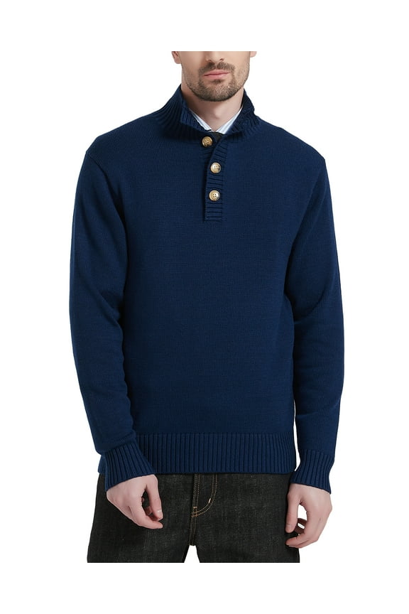 Men's Mock Neck Sweater Wool Blend Midweight Quarter-Button Long Sleeve Knit Pullover(Navy Blue,Medium)