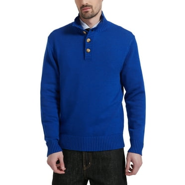 Kallspin Men's Mock Neck Sweater Wool Blend Midweight Quarter-Button Long Sleeve Knit Pullover(Royal Blue,Large)