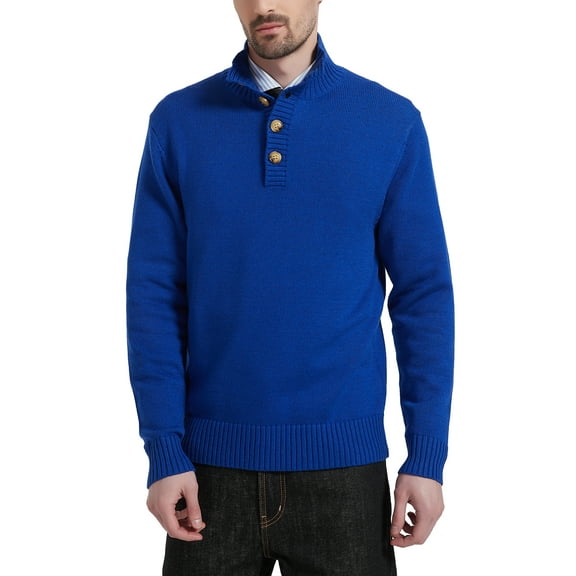 Kallspin Men's Mock Neck Sweater Wool Blend Midweight Quarter-Button Long Sleeve Knit Pullover(Royal Blue,Large)