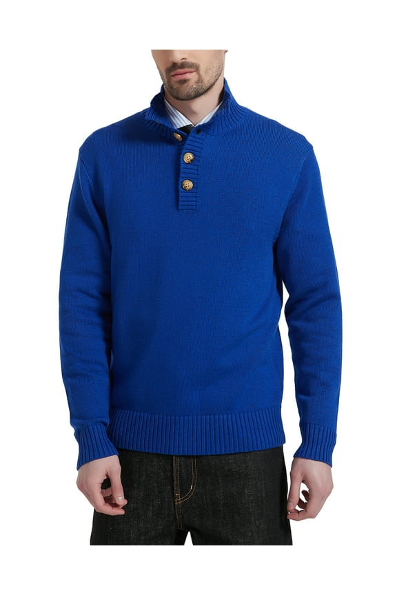 Men's Mock Neck Sweater Wool Blend Midweight Quarter-Button Long Sleeve Knit Pullover(Royal Blue,X-Large)
