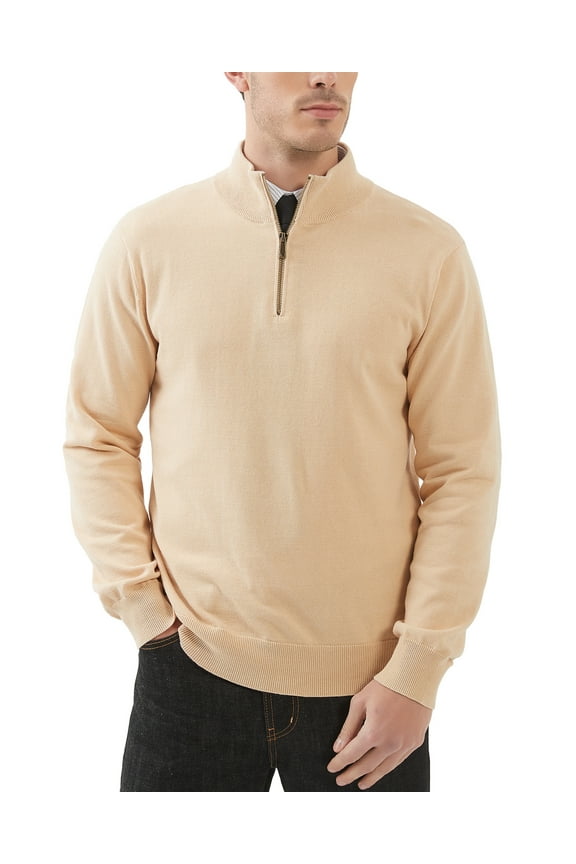 Men's Quarter-Zip Sweater Cotton Mock Neck Knit Long Sleeve Pullover Sweater(Beige,Large)