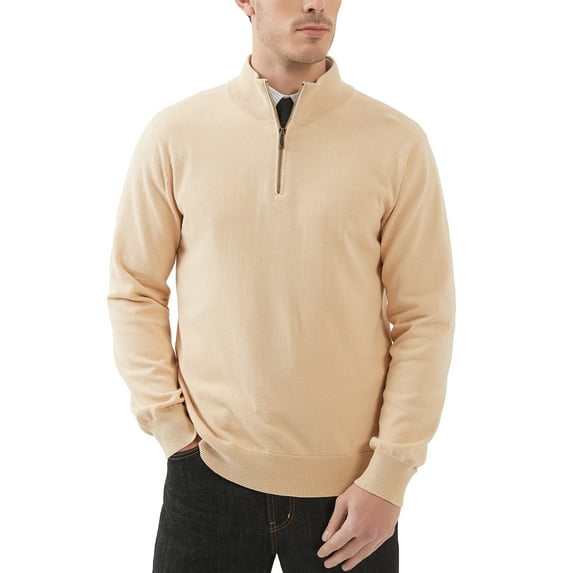 Kallspin Men's Quarter-Zip Sweater Cotton Mock Neck Knit Long Sleeve Pullover Sweater(Beige,Small)