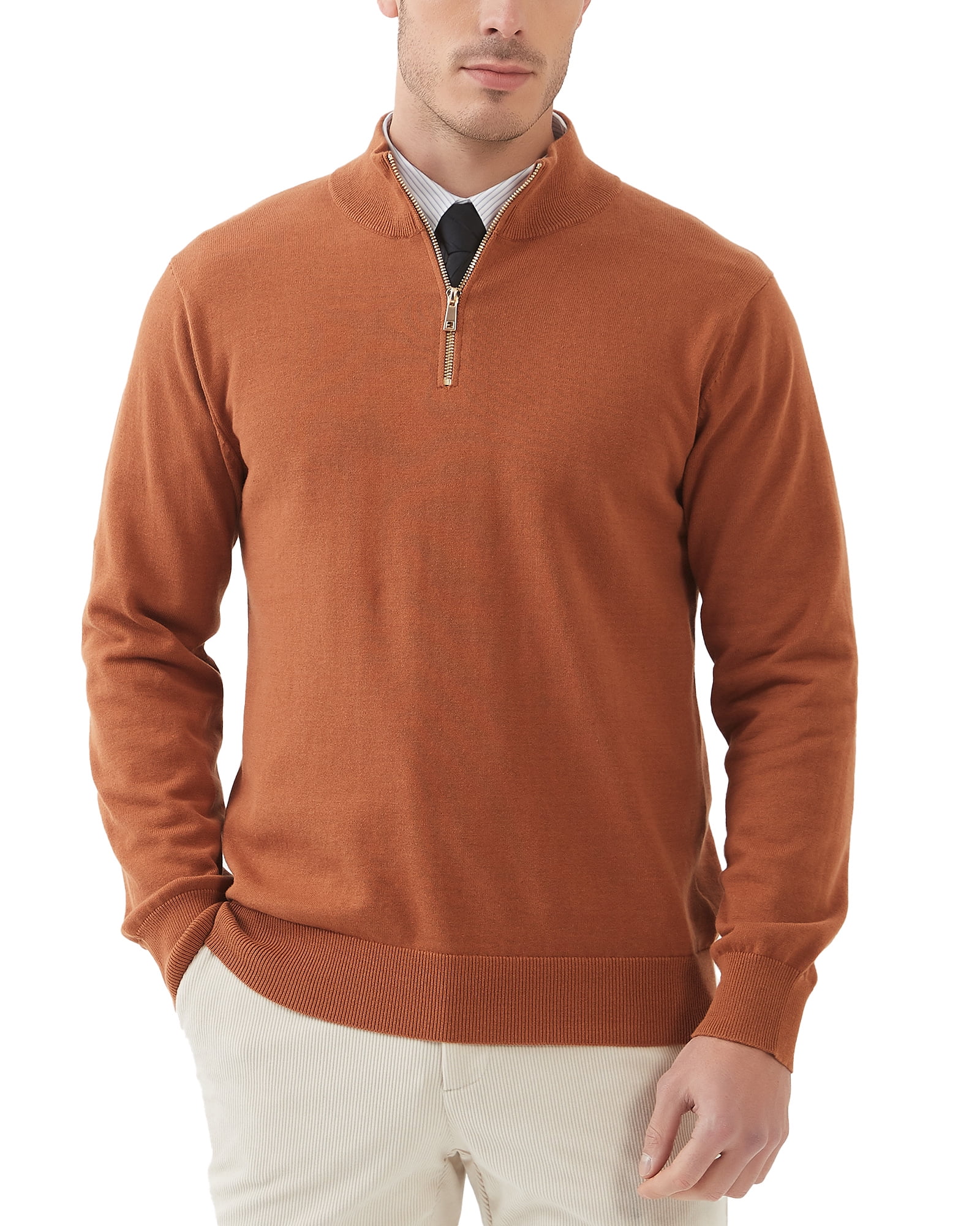 Kallspin Men's Quarter-Zip Sweater Cotton Mock Neck Knit Long