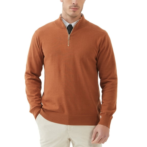 Kallspin Men's Quarter-Zip Sweater Cotton Mock Neck Knit Long Sleeve Pullover Sweater(Caramel,Large)