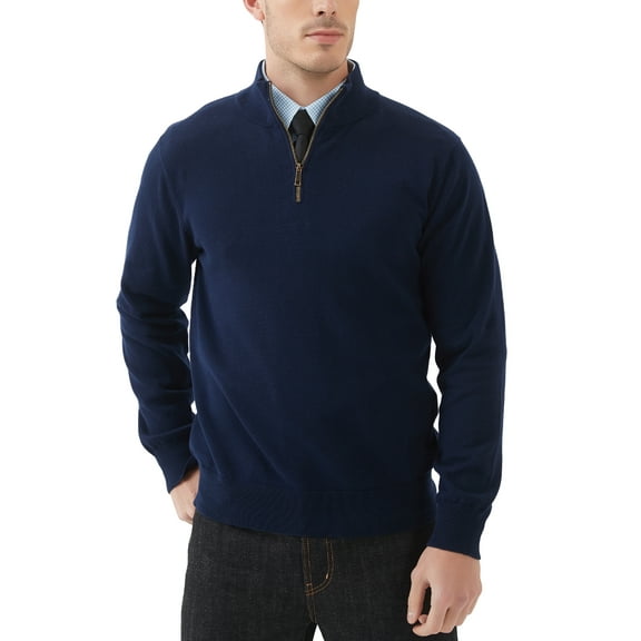 Kallspin Men's Quarter-Zip Sweater Cotton Mock Neck Knit Long Sleeve Pullover Sweater(Navy Blue,3X-Large)