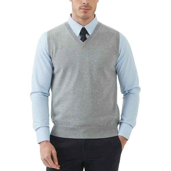 Kallspin Men's Sweater Vest Cotton V Neck Relaxed Fit Knit Sleeveless Pullover Sweater(Light Gray,4X-Large)