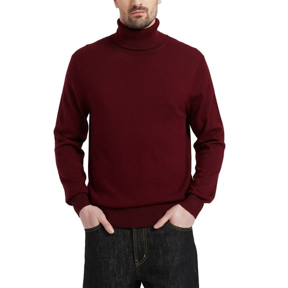 Kallspin Men's Turtleneck Sweaters Wool Blend Lightweight Pullover Sweaters(Burgundy Red,Small)