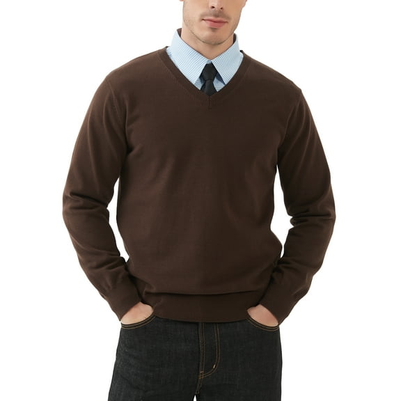 Kallspin Men's V Neck Sweater Cotton Relaxed Fit Long Sleeve Knit Lightweight Pullover(Brown,3X-Large)