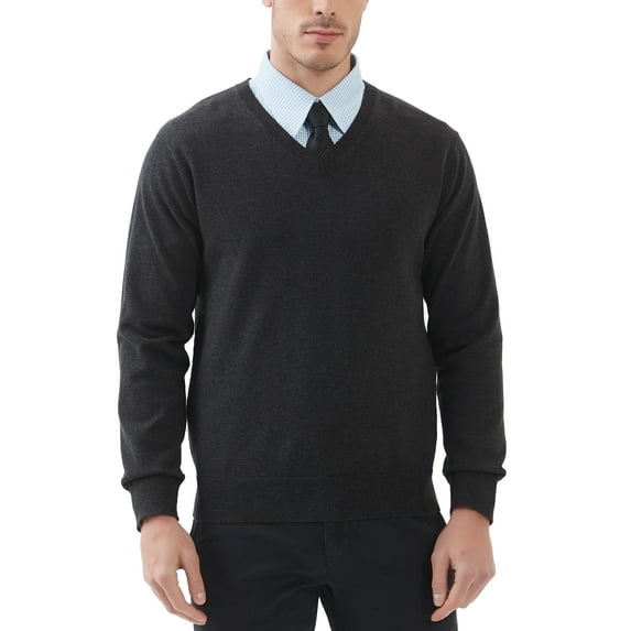 Kallspin Men's V Neck Sweater Cotton Relaxed Fit Long Sleeve Knit Lightweight Pullover(Charcoal,Medium)