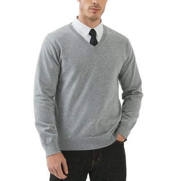 Kallspin Men's V Neck Sweater Cotton Relaxed Fit Long Sleeve Knit Lightweight Pullover(Light Gray,3X-Large)