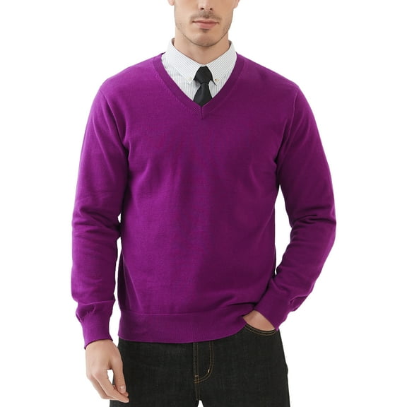 Kallspin Men's V Neck Sweater Cotton Relaxed Fit Long Sleeve Knit Lightweight Pullover(Purple,2X-Large)