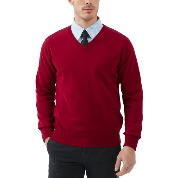 Kallspin Men's V Neck Sweater Cotton Relaxed Fit Long Sleeve Knit Lightweight Pullover(Red,2X-Large)
