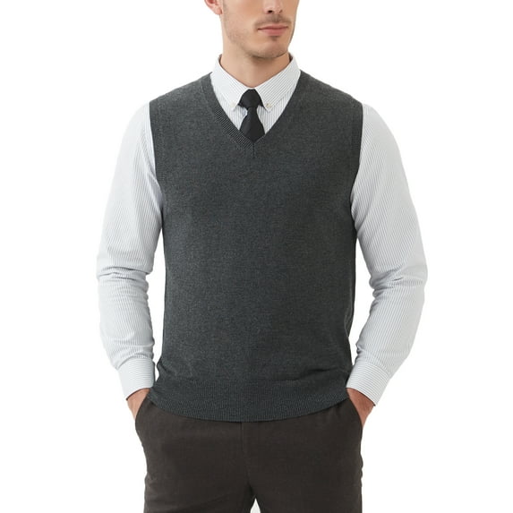 Kallspin Men's Vest Sweater Wool Blend Lightweight V Neck Sleeveless Pullover(Charcoal,Large)