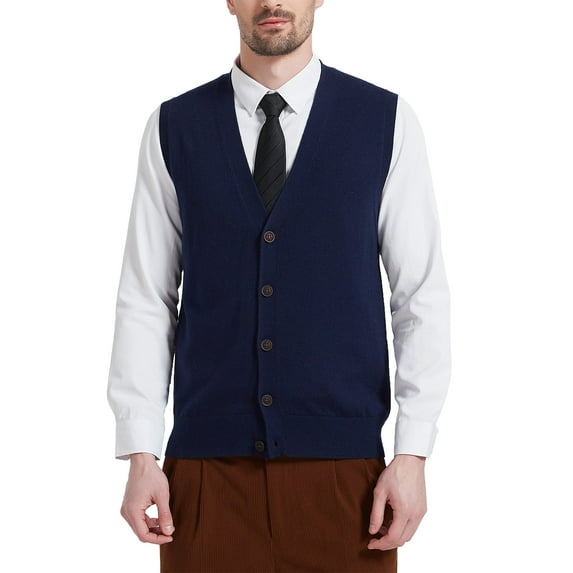Kallspin Men's Vest Sweater Wool Blended V Neck Sleeveless Button Cardigan Sweater(Blue,X-Large,Tall)