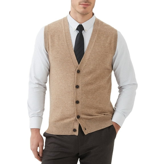 Kallspin Men's Vest Sweater Wool Blended V Neck Sleeveless Button Cardigan Sweater(Brown,3X-Large,Tall)