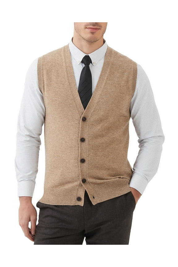 Men's Vest Sweater Wool Blended V Neck Sleeveless Button Cardigan Sweater(Brown,3X-Large,Tall)