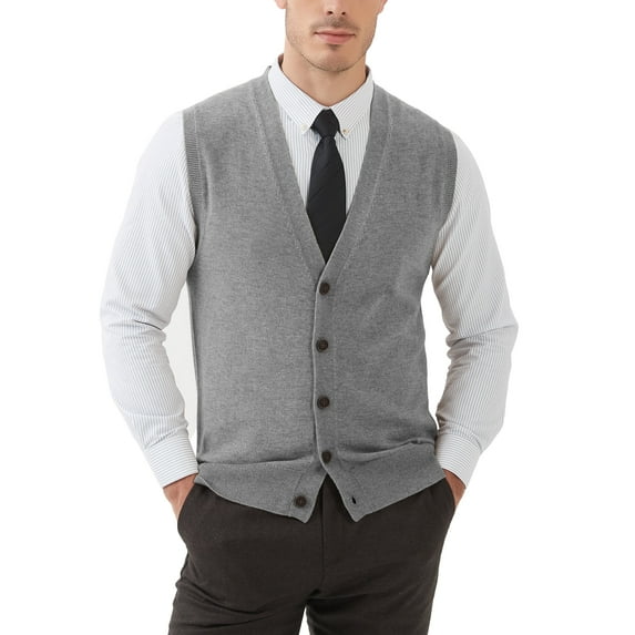 Kallspin Men's Vest Sweater Wool Blended V Neck Sleeveless Button Cardigan Sweater(Gray,Large,Tall)