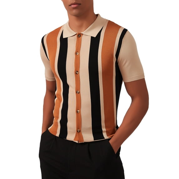 Kallspin Men's Vintage Knit Polo Shirt Short Sleeve Striped Button Down Knitting Golf Shirts(Beige,2X-Large)