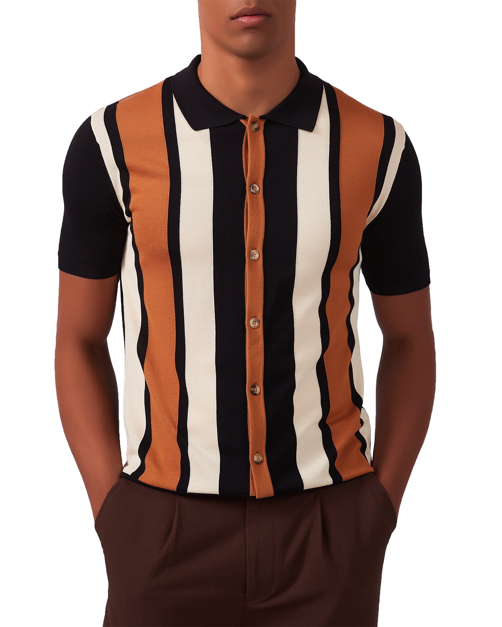 Men's Knit Polo Shirt Short Sleeve Striped Button Down Breathable Retro Casual Top