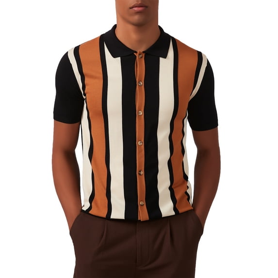 Kallspin Men's Vintage Knit Polo Shirt Short Sleeve Striped Button Down Knitting Golf Shirts(Black,Small)