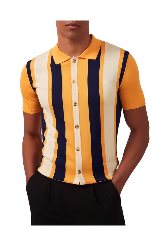 Men's Vintage Knit Polo Shirt Short Sleeve Striped Button Down Knitting Golf Shirts(Light Orange,X-Large)