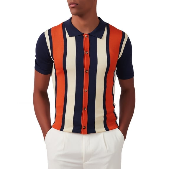 Kallspin Men's Vintage Knit Polo Shirt Short Sleeve Striped Button Down Knitting Golf Shirts(Navy Blue,3X-Large)