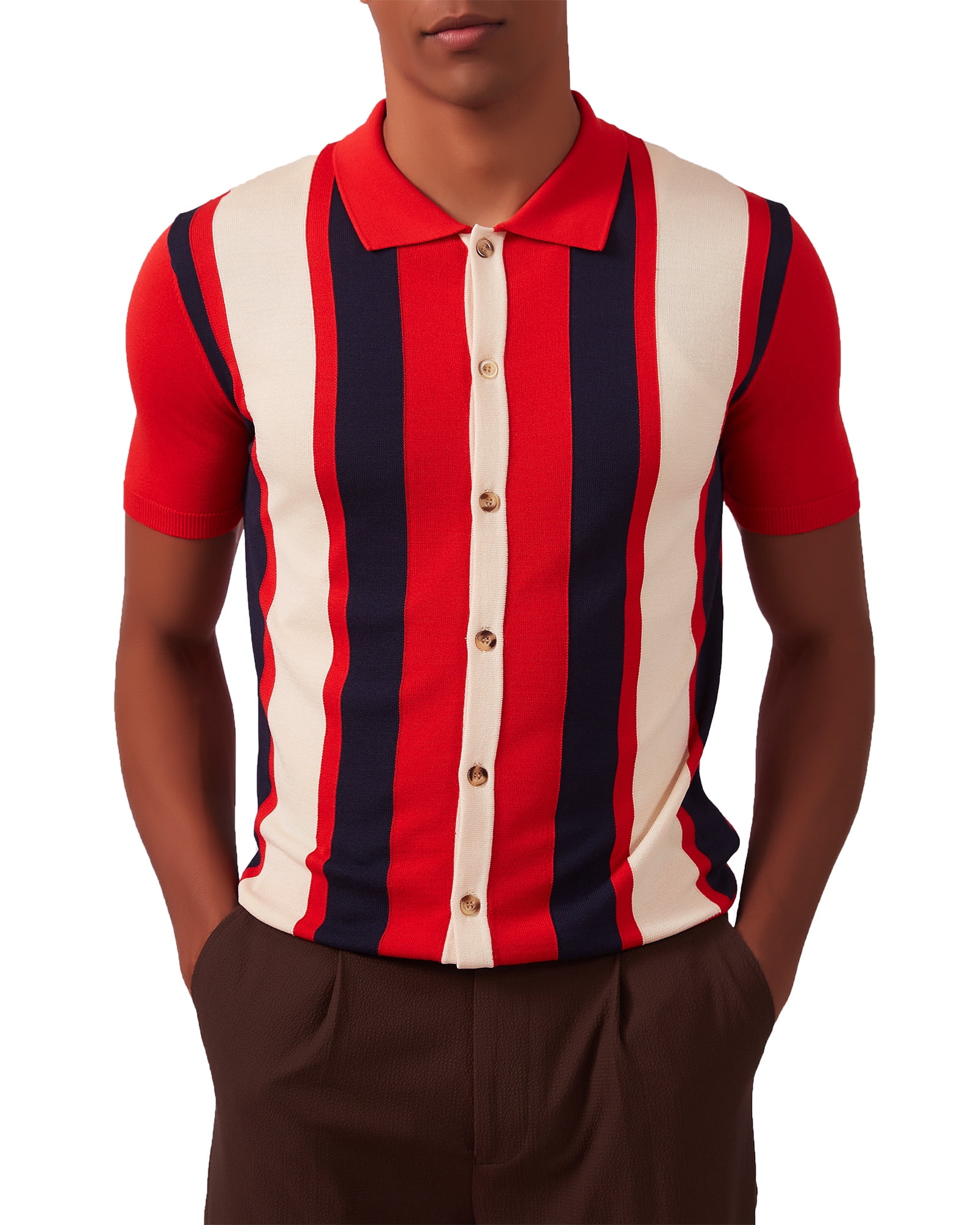 Kallspin Men's Vintage Knit Polo Shirt Short Sleeve Striped Button