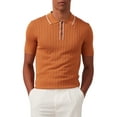 thumbnail image 1 of Kallspin Men's Vintage Knitted Polo Shirt Short Sleeve Solid Collared Golf Shirts with Button(Caramel,Large), 1 of 8