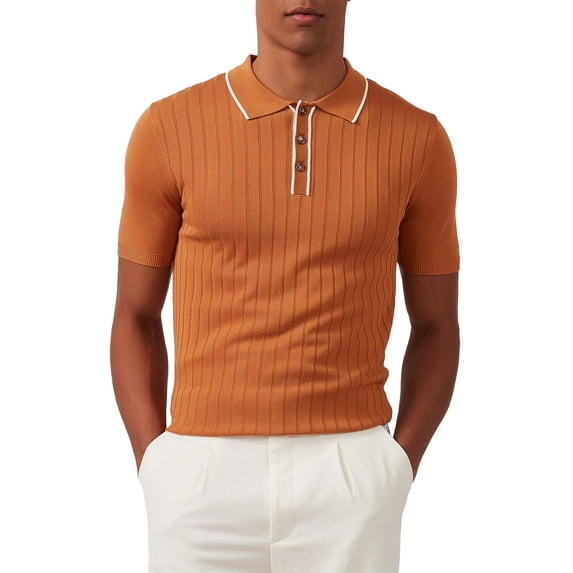 Kallspin Men's Vintage Knitted Polo Shirt Short Sleeve Solid Collared Golf Shirts with Button(Caramel,Large)