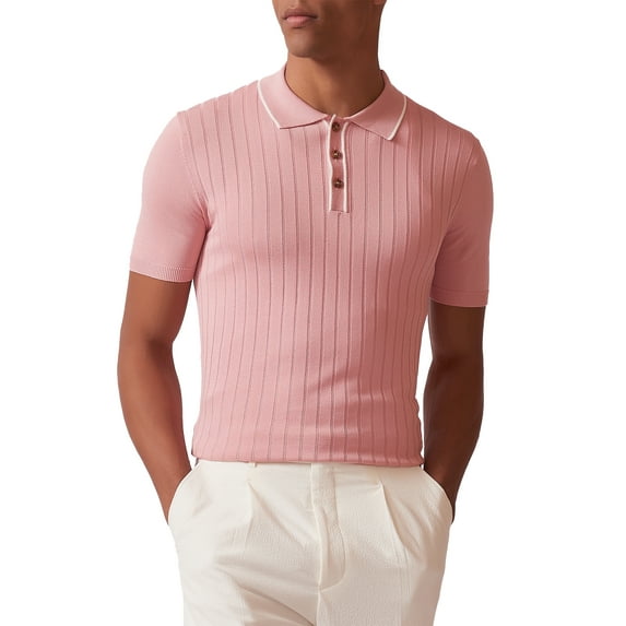 Kallspin Men's Vintage Knitted Polo Shirt Short Sleeve Solid Collared Golf Shirts with Button(Light Pink,Medium)