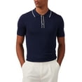 thumbnail image 1 of Kallspin Men's Vintage Knitted Polo Shirt Short Sleeve Solid Collared Golf Shirts with Button(Navy Blue,Large), 1 of 7