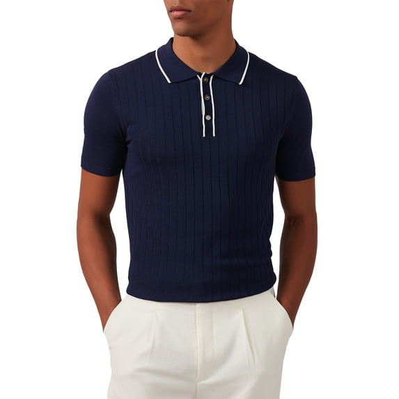 Kallspin Men's Vintage Knitted Polo Shirt Short Sleeve Solid Collared Golf Shirts with Button(Navy Blue,Large)