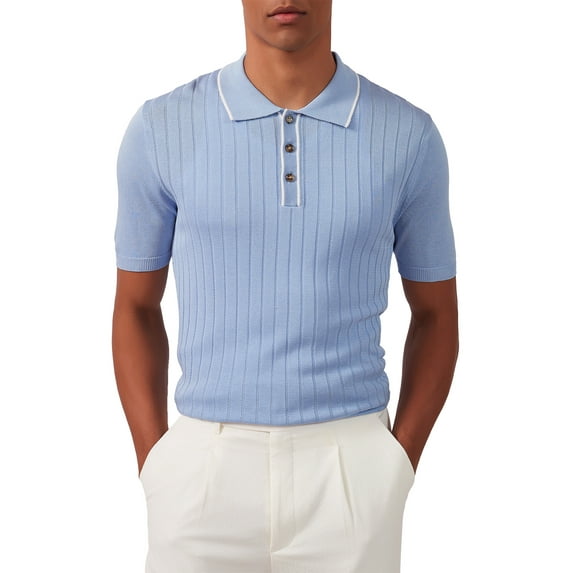 Kallspin Men's Vintage Knitted Polo Shirt Short Sleeve Solid Collared Golf Shirts with Button(Sky Blue,Large)