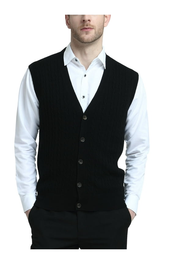 Men's Wool Blend Cable-Knit V Neck Sleeveless Cardigan Vest Sweater(Black,Medium)