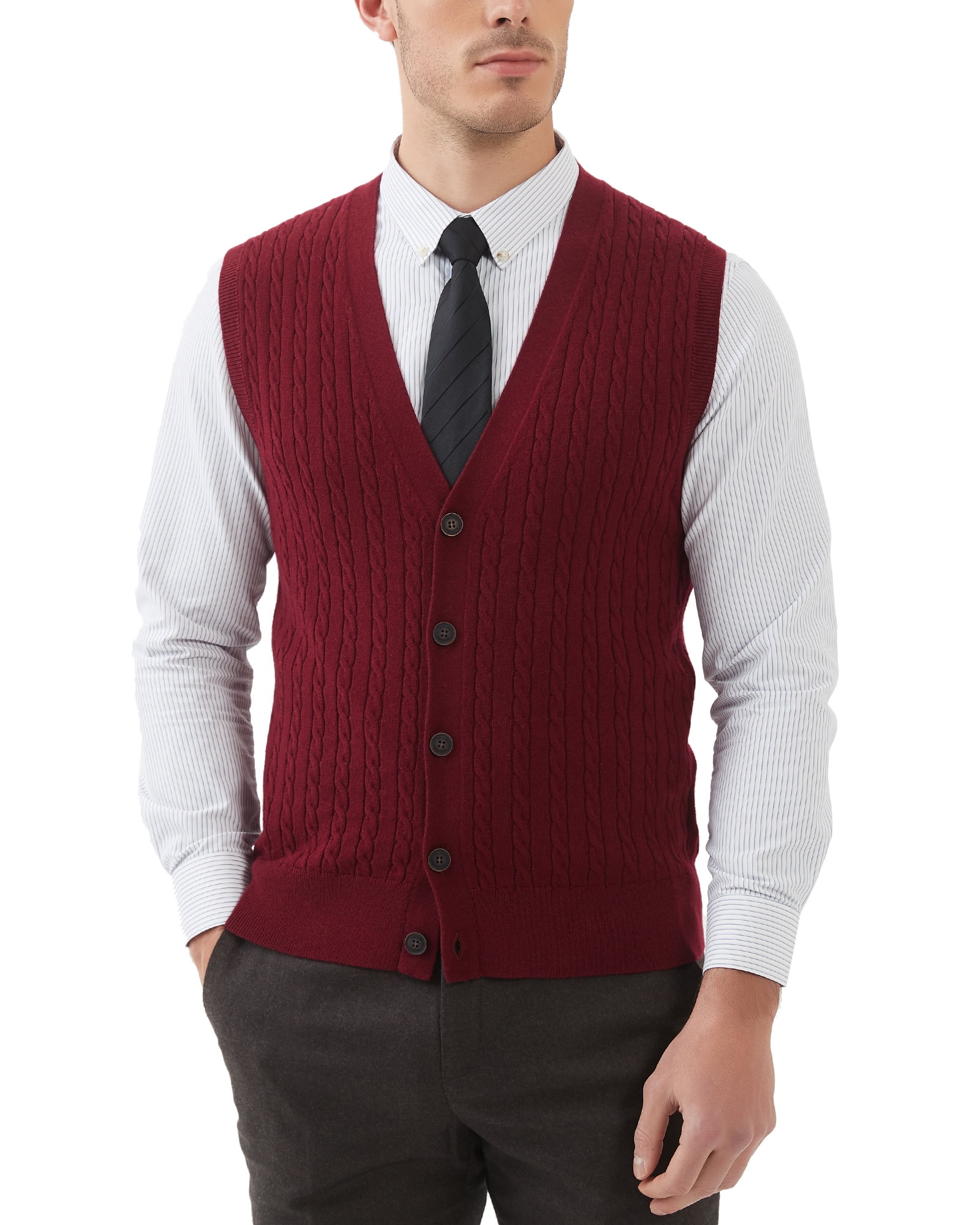 Kallspin Men s Wool Blend Cable Knit V Neck Sleeveless Cardigan Vest Sweater Burgundy Red Large Tall