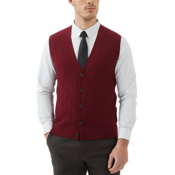 Kallspin Men's Wool Blend Cable-Knit V Neck Sleeveless Cardigan Vest Sweater(Burgundy Red,Small)